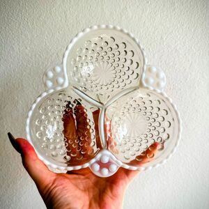 Vintage Fenton Moonstone Opalescent Hobnail Divided Dish with 3 Sections